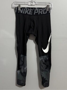 Nike Pro Boys Large Compression Tights Black Gray Camo Swoosh Football Leggings